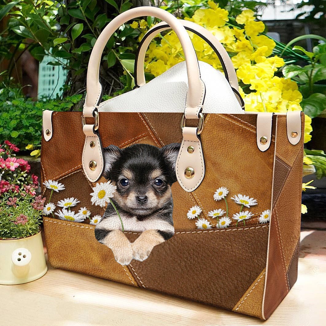Chihuahua 2 Holding Daisy Leather Bag