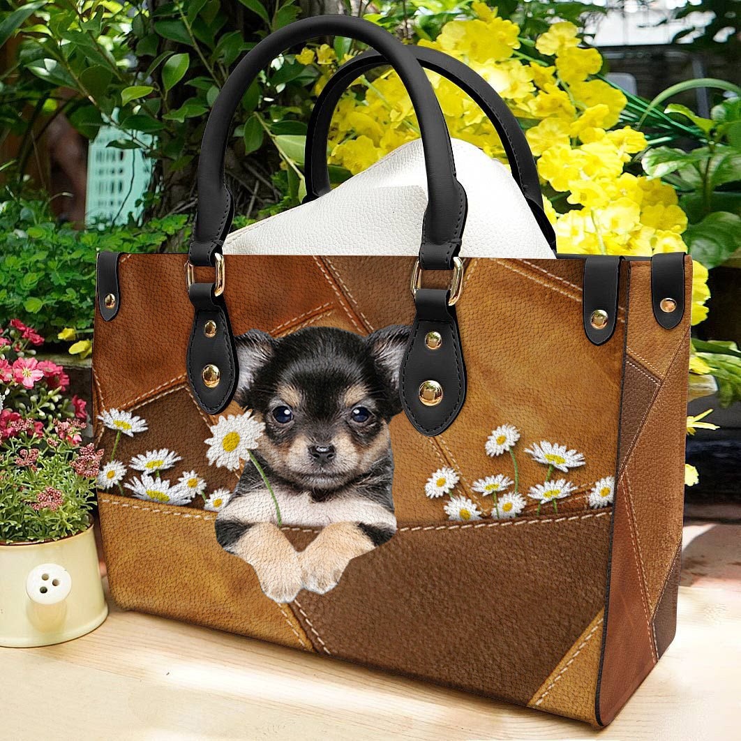 Chihuahua 2 Holding Daisy Leather Bag
