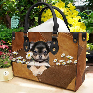 Chihuahua 2 Holding Daisy Leather Bag
