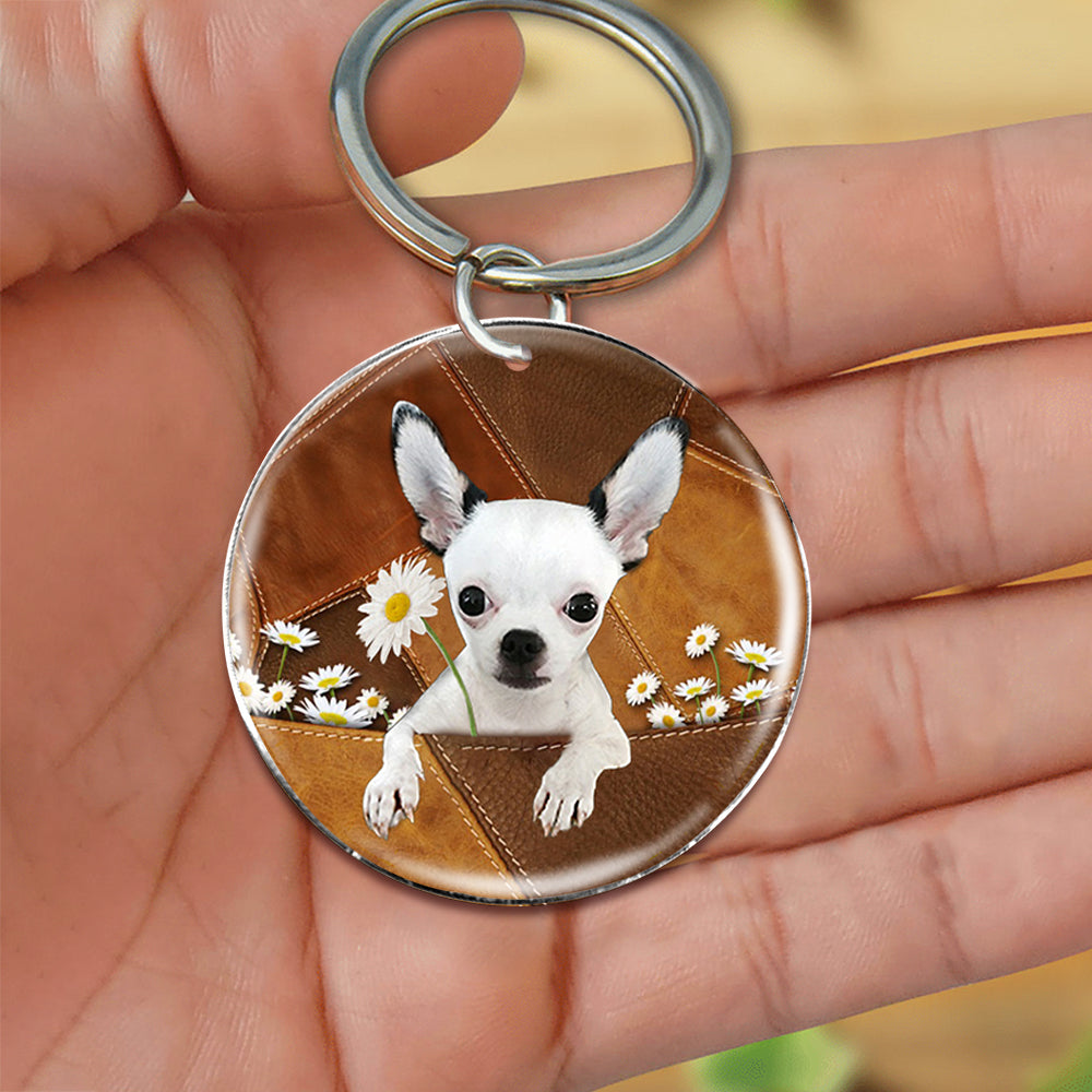 Chihuahua Holding Daisy-Round Resin Epoxy Metal Keychain