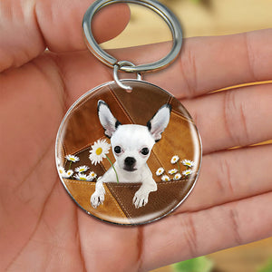 Chihuahua Holding Daisy-Round Resin Epoxy Metal Keychain