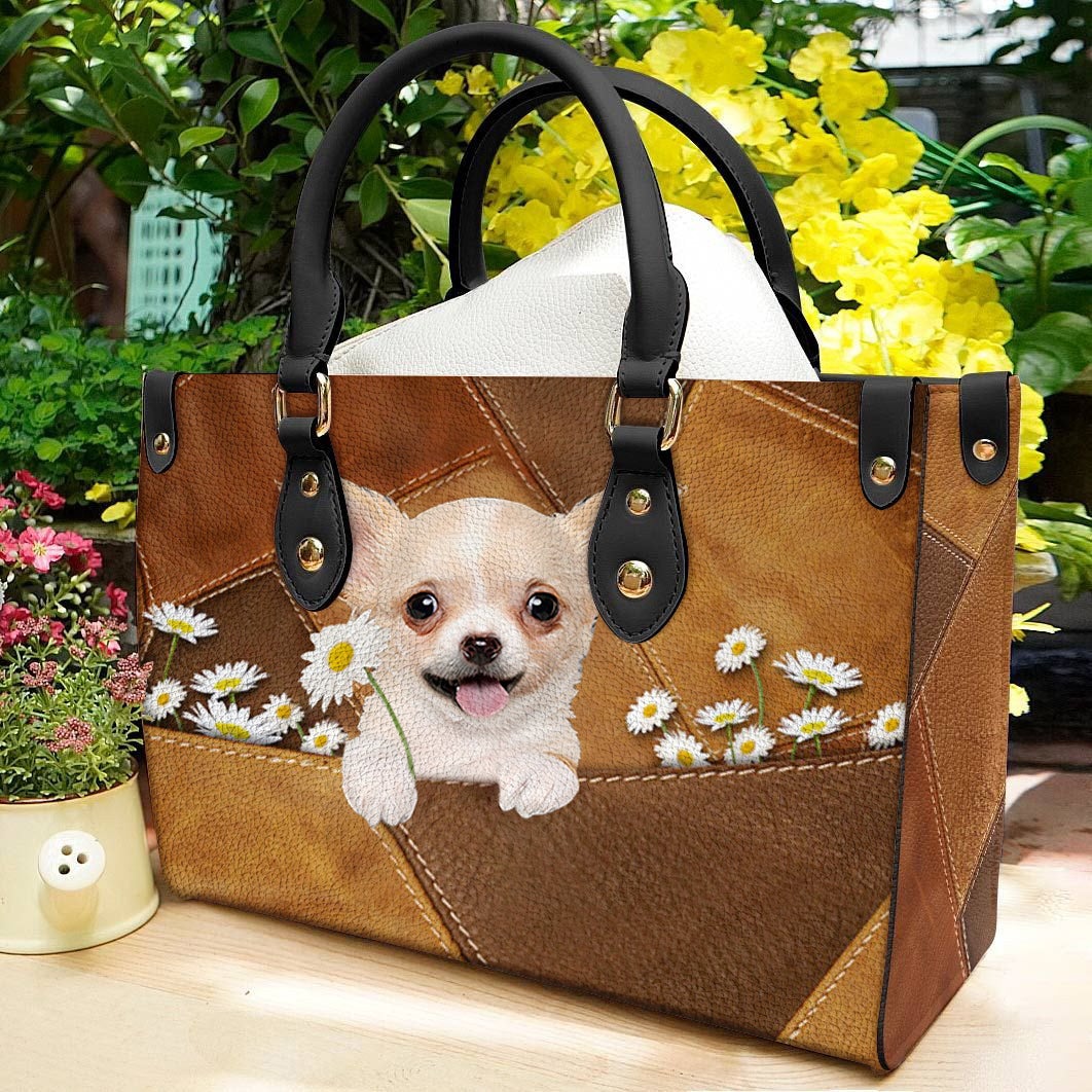 Chihuahua 3 Holding Daisy Leather Bag