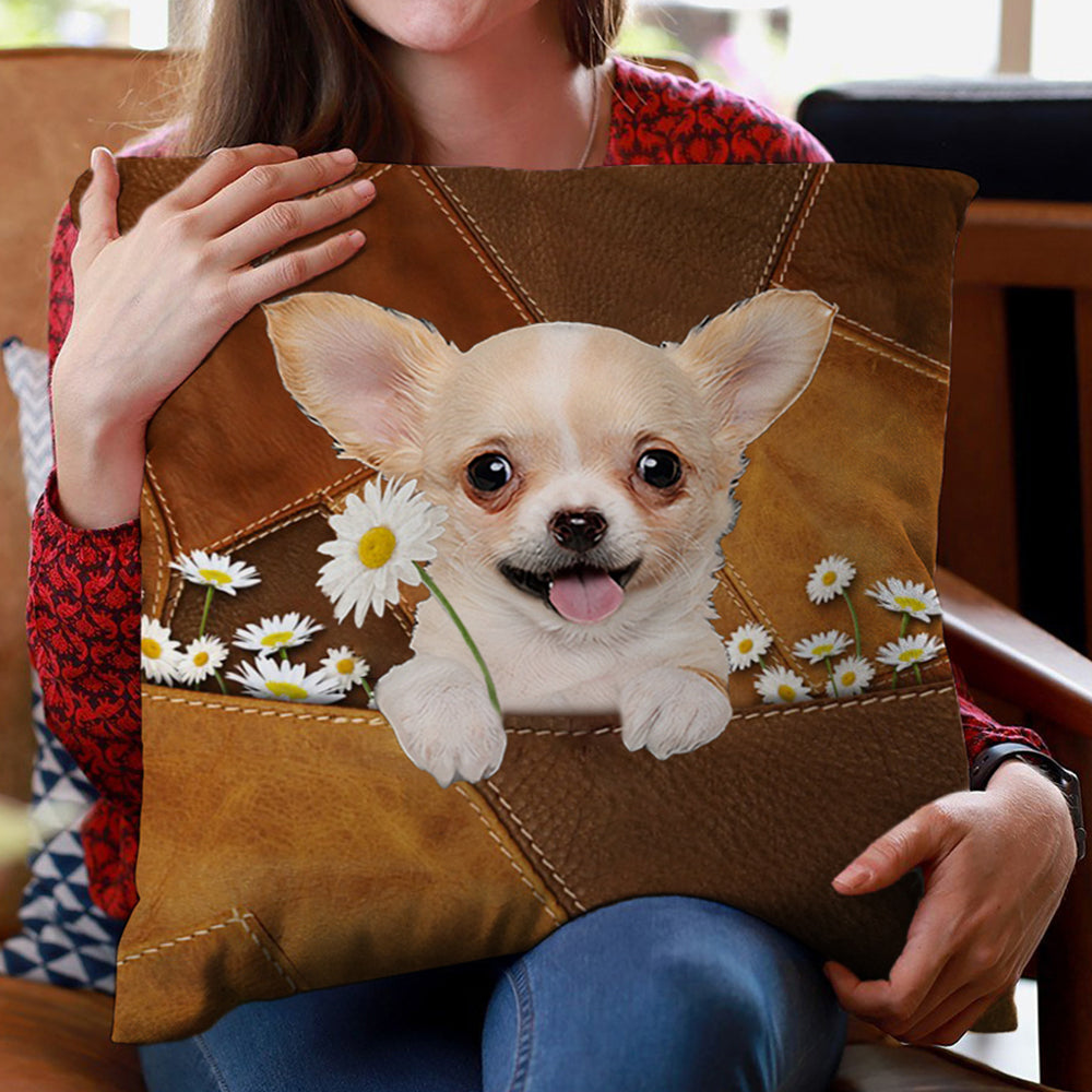 Chihuahua Holding Daisy Pillow Case