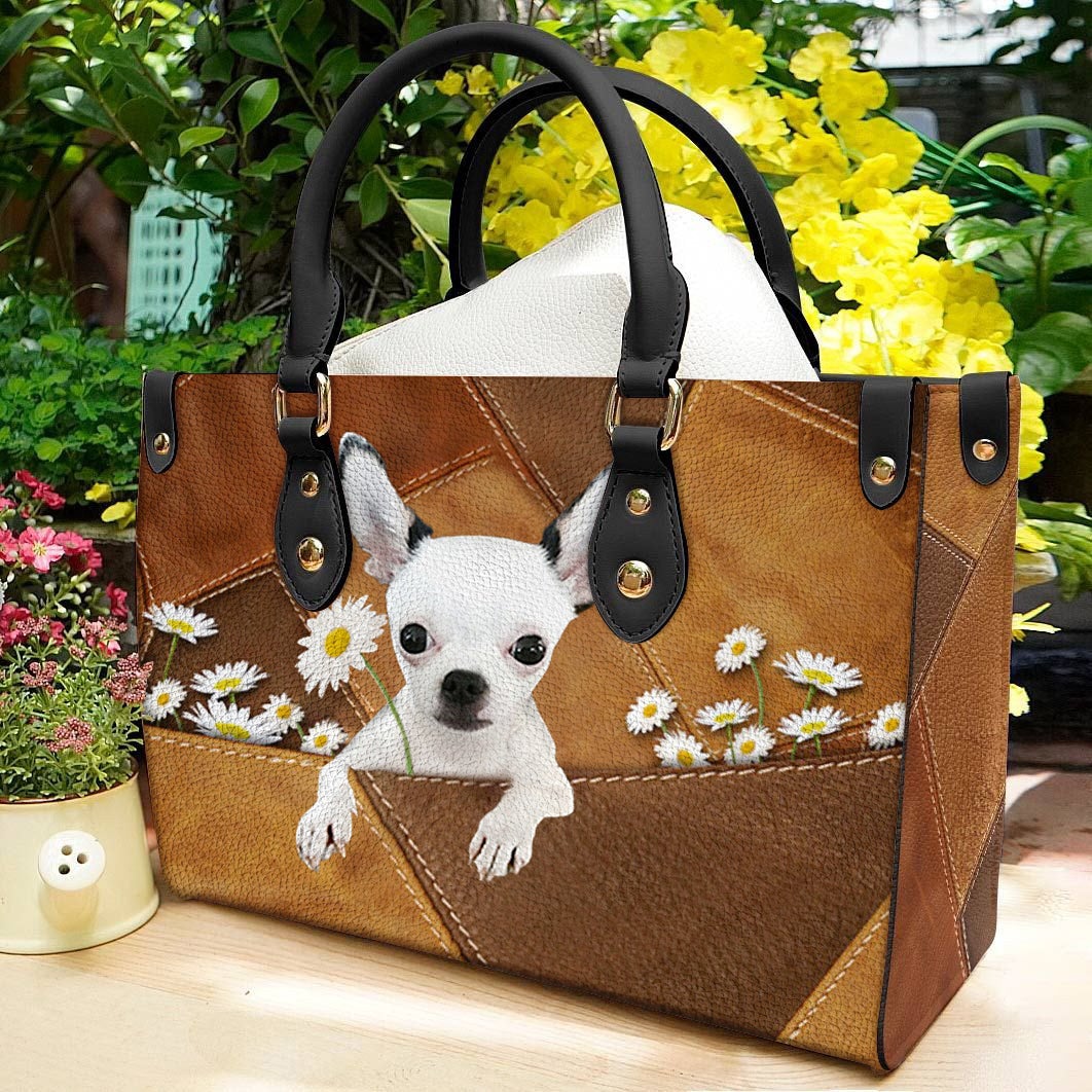 Chihuahua Holding Daisy Leather Bag