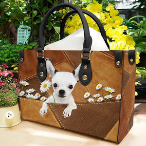 Chihuahua Holding Daisy Leather Bag