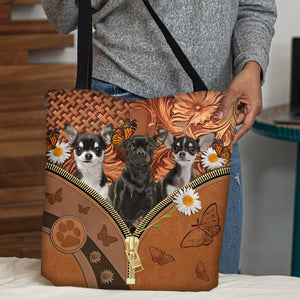 Chihuahua  3 Daisy Flower And Butterfly Tote Bag