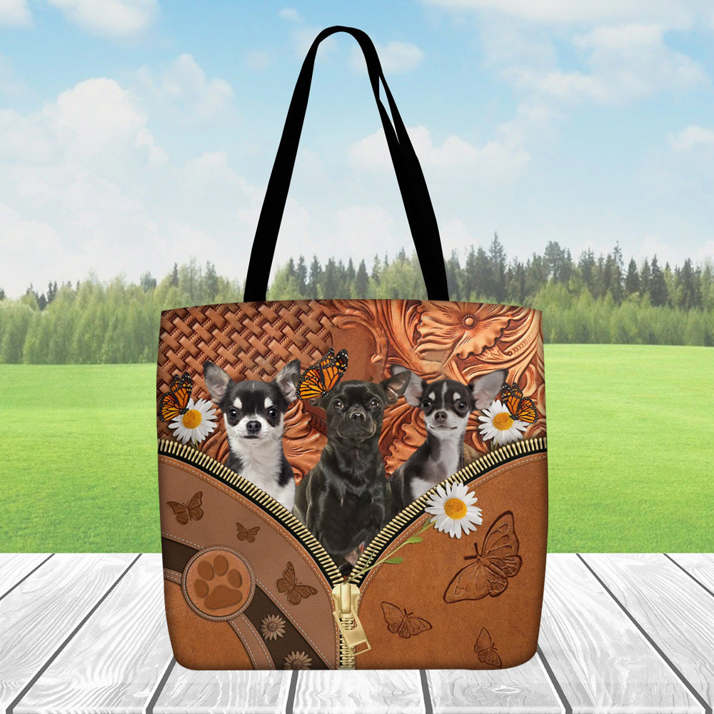 Chihuahua  3 Daisy Flower And Butterfly Tote Bag