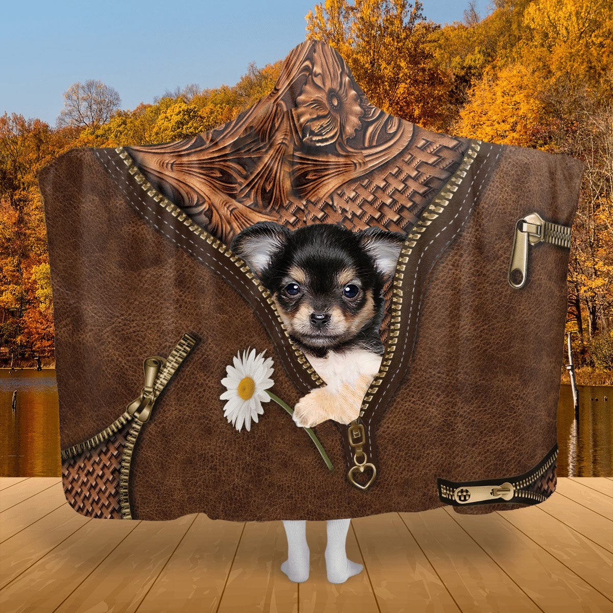 Chihuahua 3 Holding Daisy Hooded Blanket