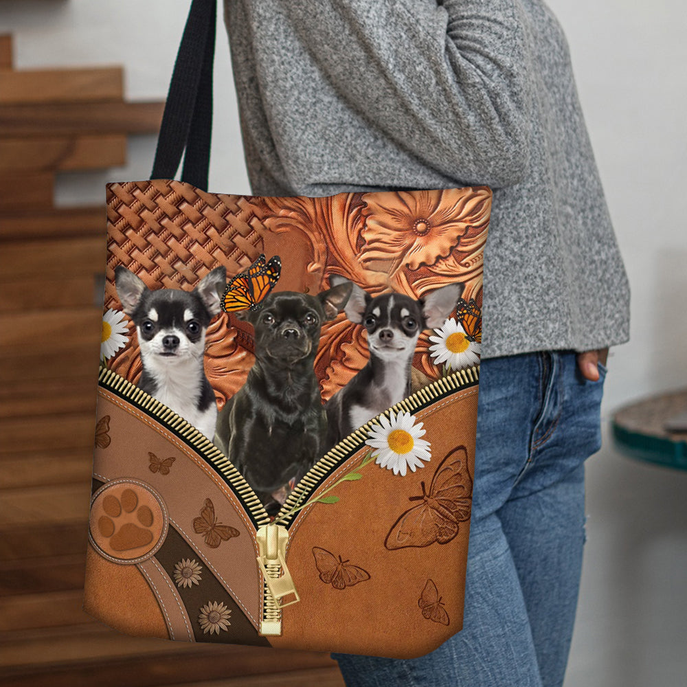 Chihuahua  3 Daisy Flower And Butterfly Tote Bag