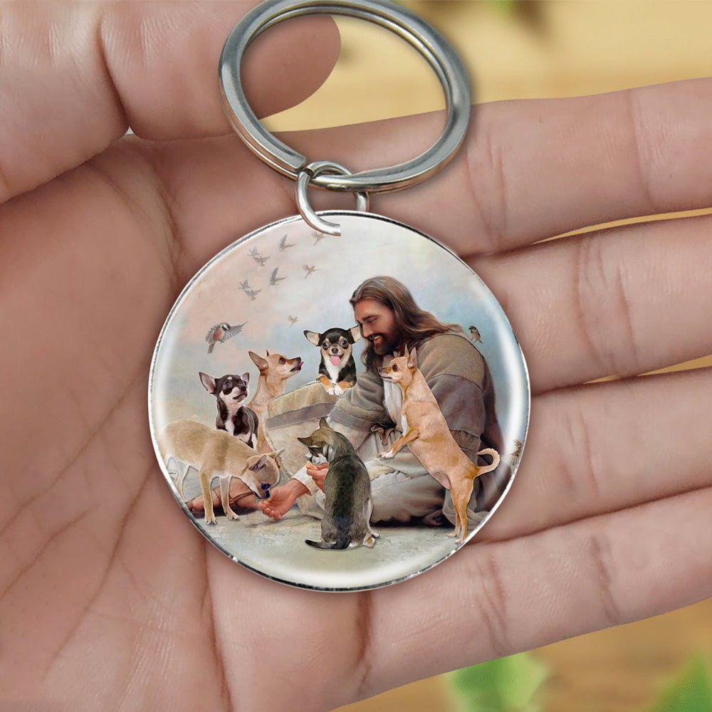 Jesus Surrounded By Chihuahuas-Round Resin Epoxy Metal Keychain
