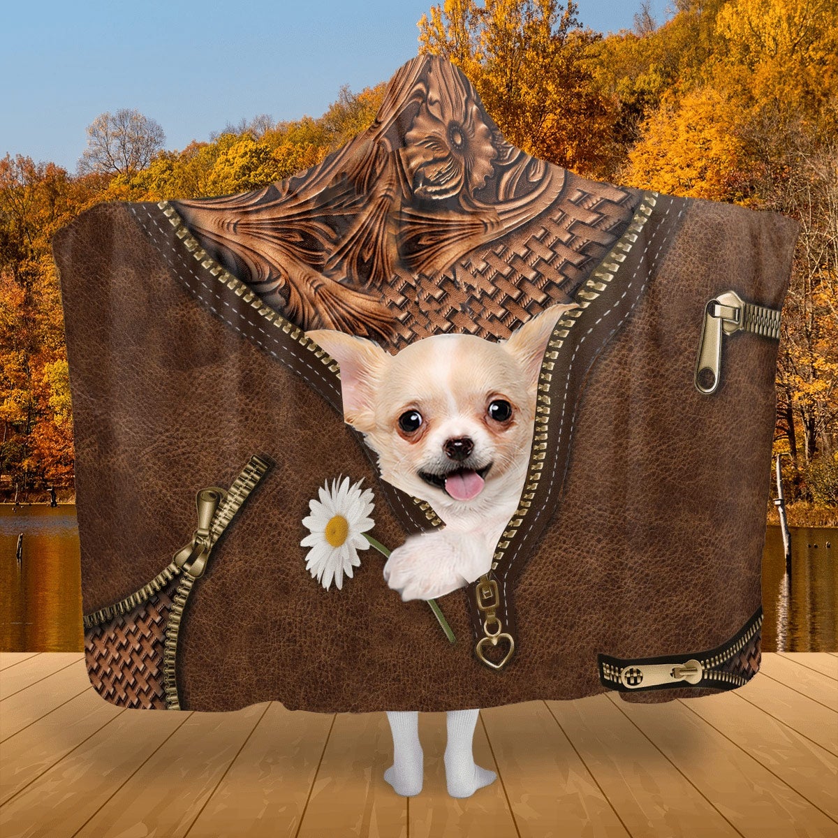 Chihuahua Holding Daisy Hooded Blanket