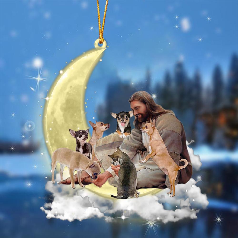 Jesus Surrounded By Chihuahuas On The Moon Ornament