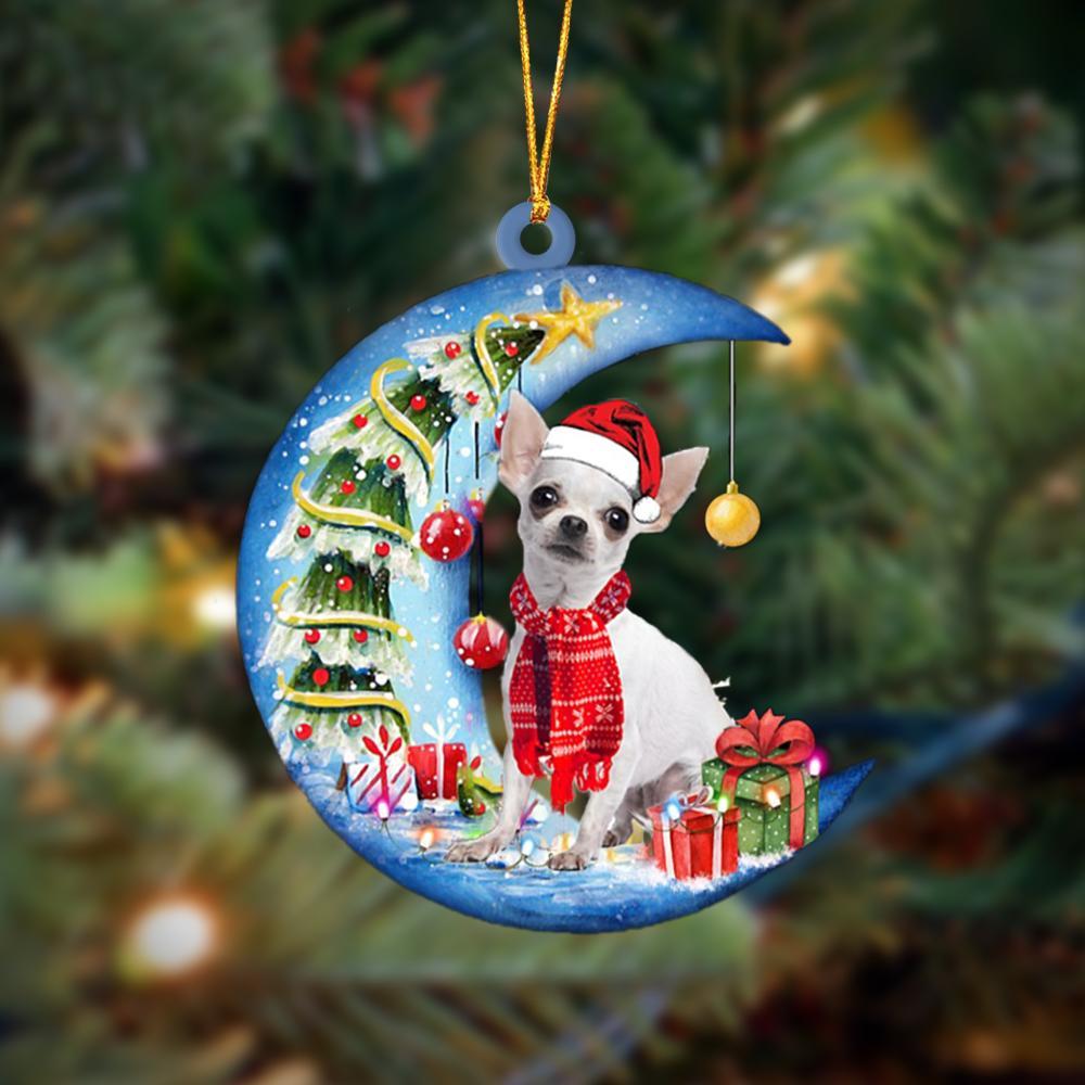 White Chihuahua Sits On The Moon Merry Christmas Hanging Ornament