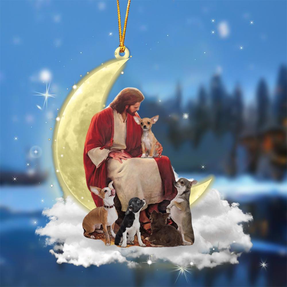 God Surrounded By Chihuahuas On The Moon Hanging Ornament