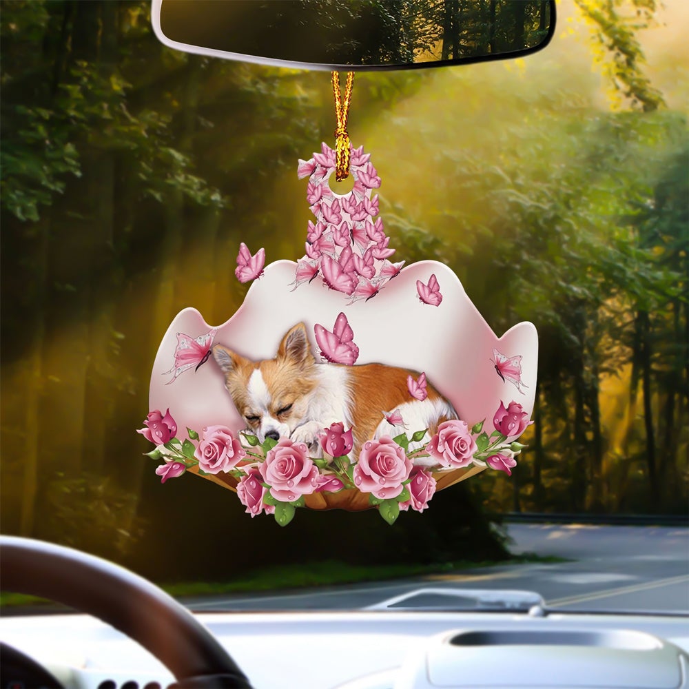 Chihuahua 2 Sleeping In Rose Garden Car Hanging Ornament