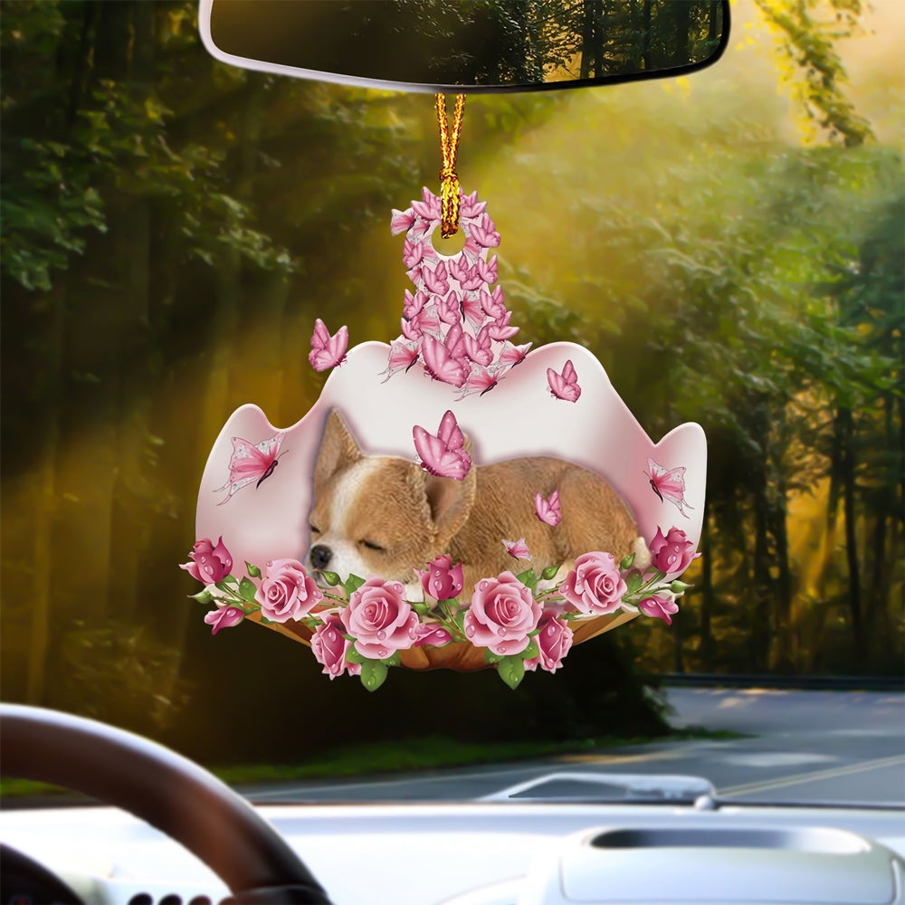 Chihuahua Sleeping In Rose Garden Car Hanging Ornament