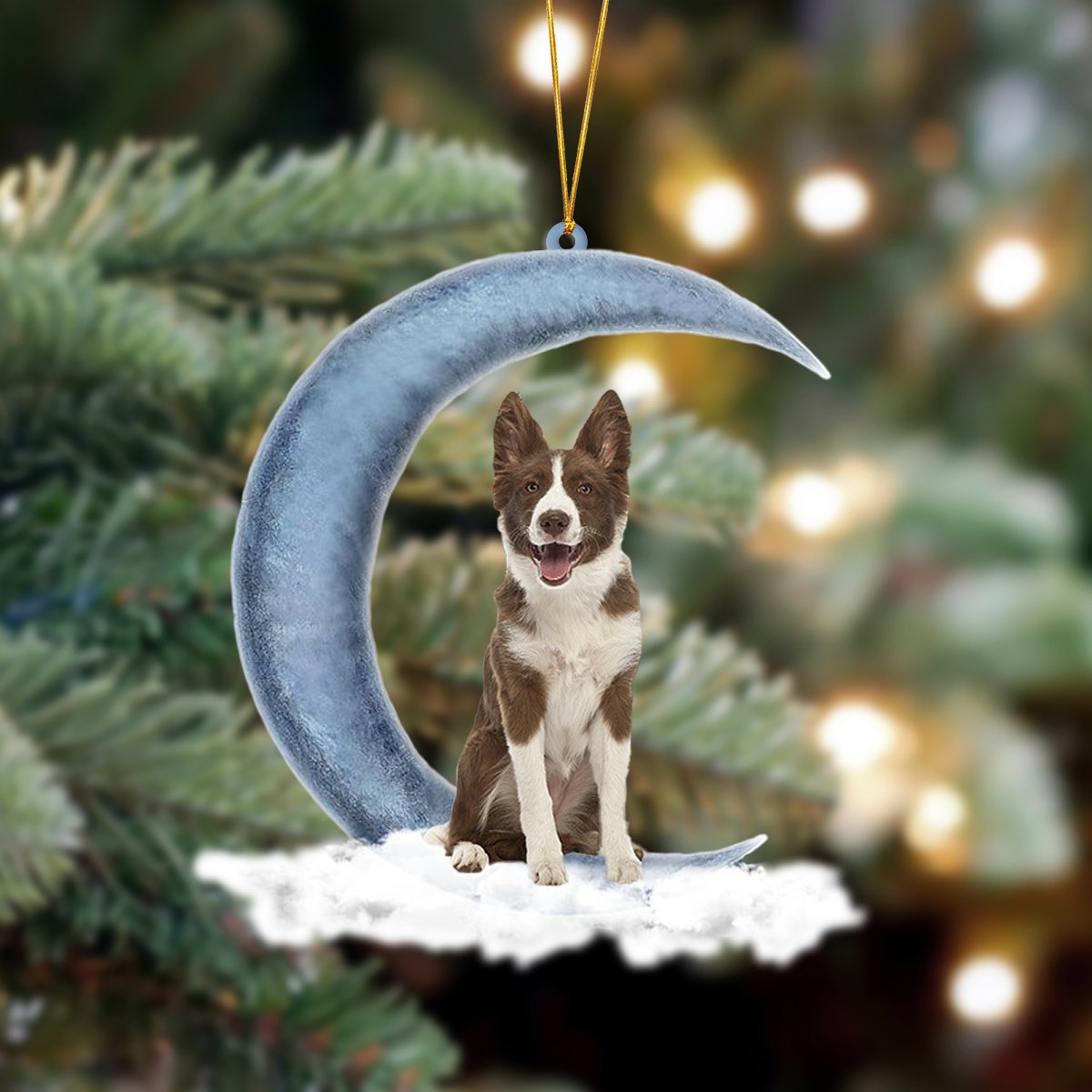 Chocolate Border Collie Sits On The Moon Hanging Ornament