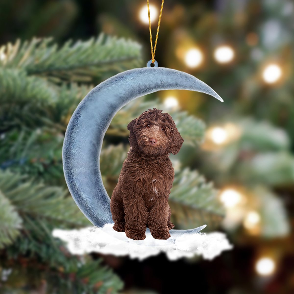 Chocolate Labradoodle Sits On The Moon Hanging Ornament