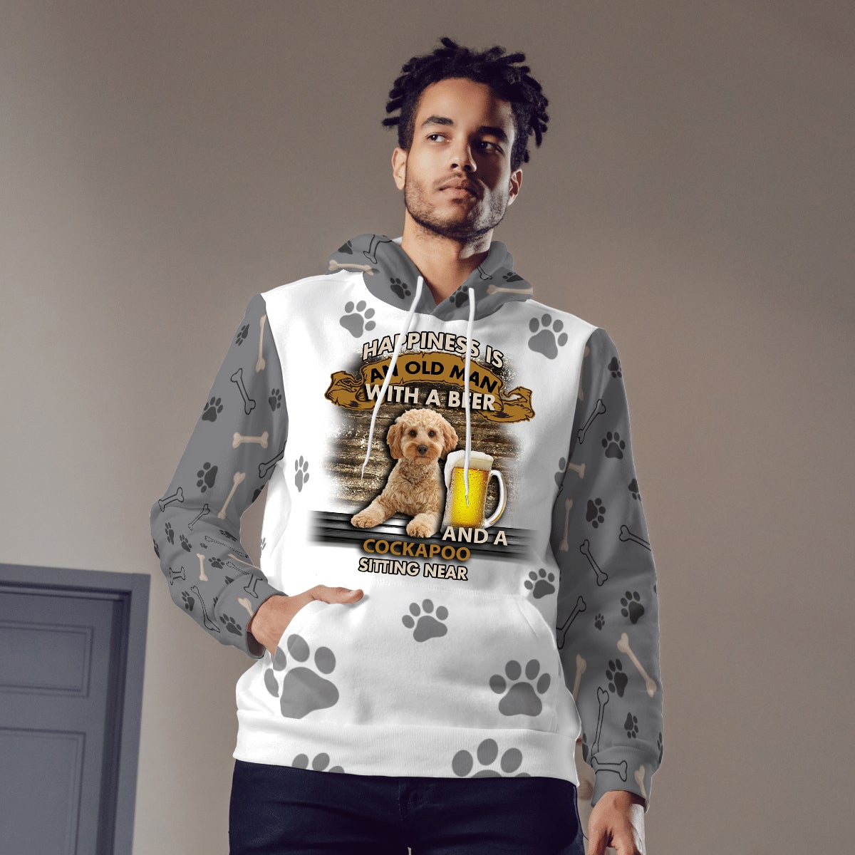 Happiness Is An Old Man With A Beer And A Cockapoo Hoodie