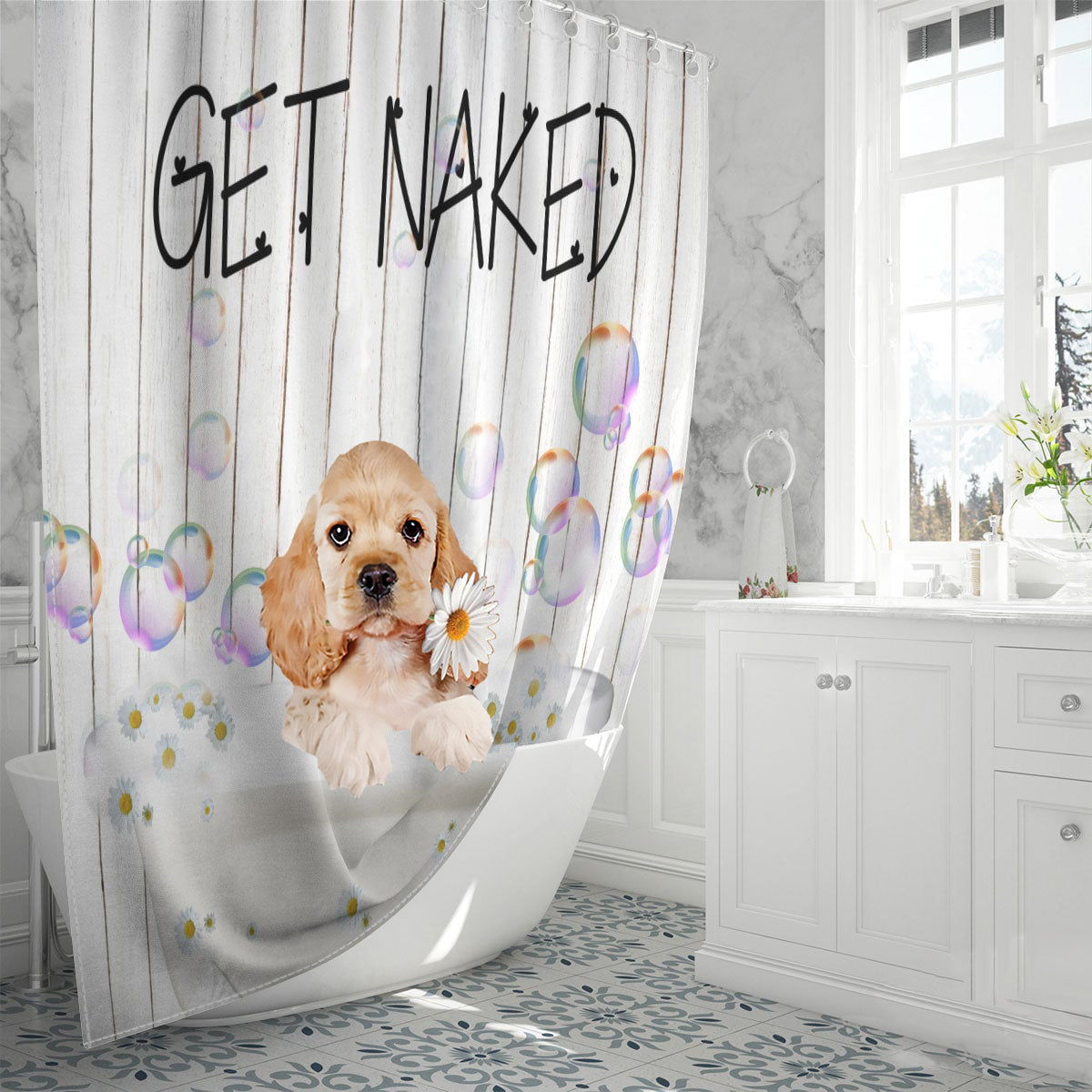 Cocker Spaniel Get Naked Daisy Shower Curtain