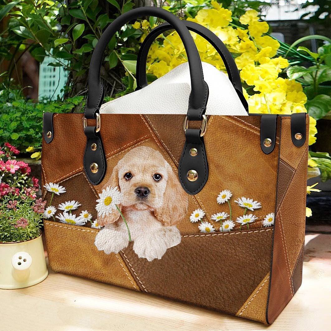 Cocker Spaniel Holding Daisy Leather Bag