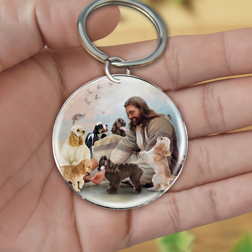 Jesus Surrounded By Cocker Spaniels-Round Resin Epoxy Metal Keychain