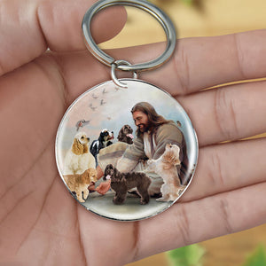Jesus Surrounded By Cocker Spaniels-Round Resin Epoxy Metal Keychain