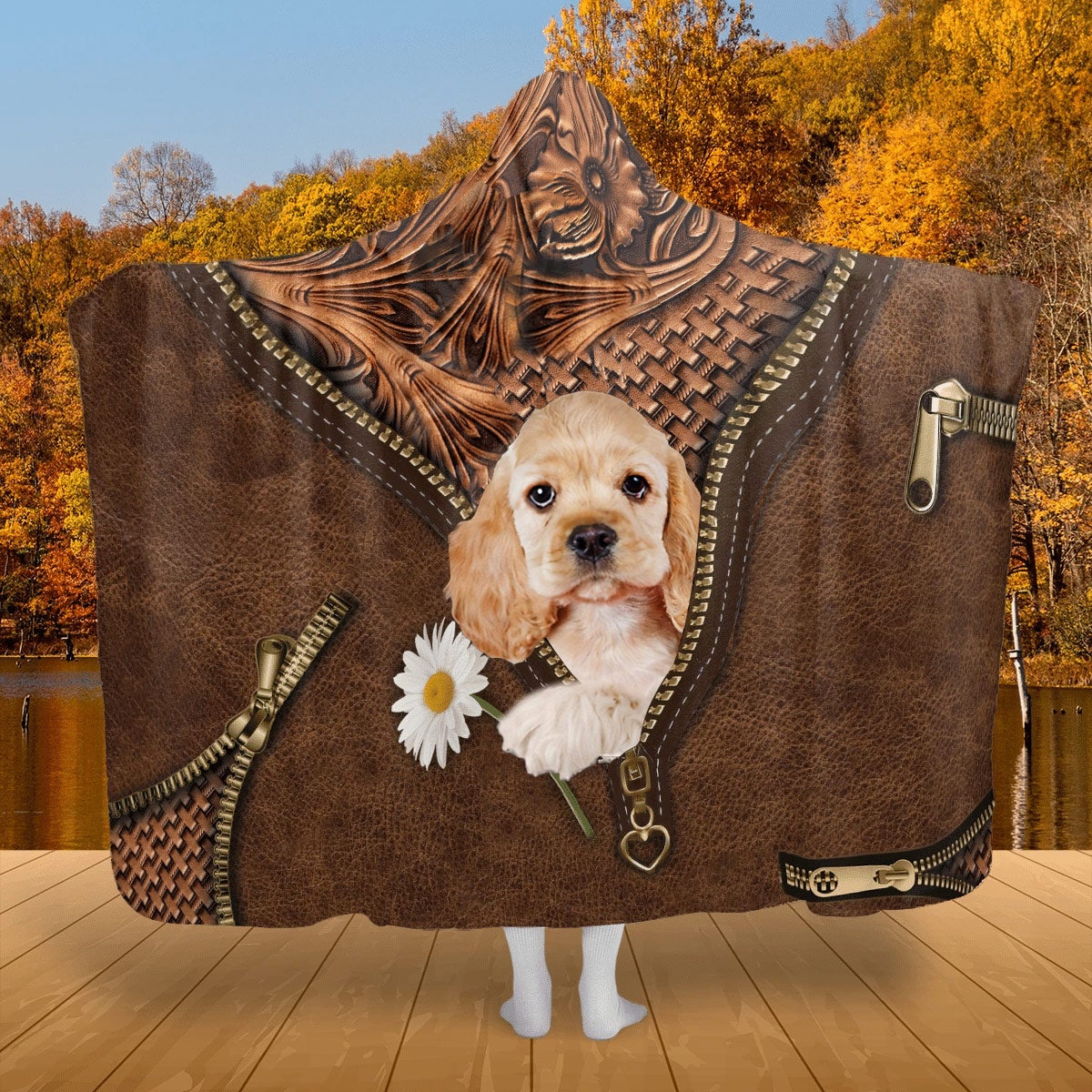 Cocker Spaniel Holding Daisy Hooded Blanket