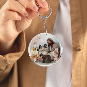 Jesus Surrounded By Cocker Spaniels-Round Resin Epoxy Metal Keychain