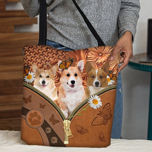 Corgi Daisy Flower And Butterfly Tote Bag