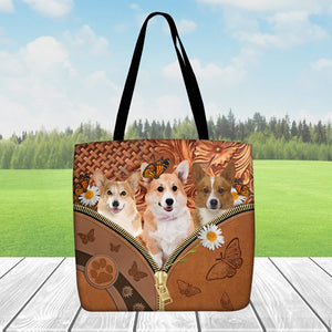 Corgi Daisy Flower And Butterfly Tote Bag