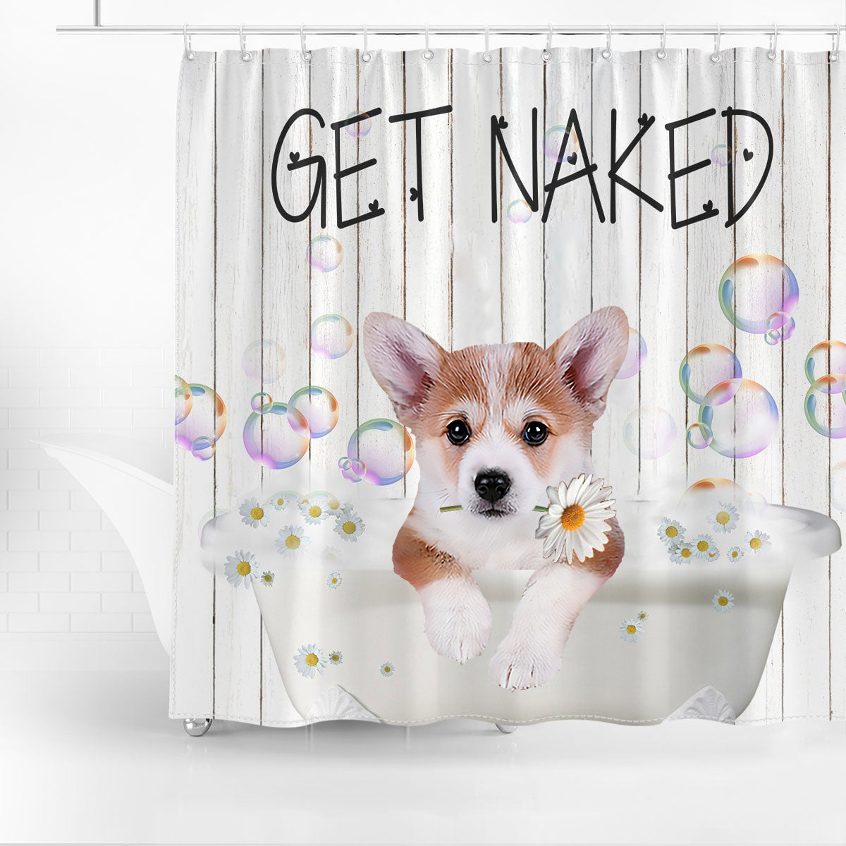 Corgi Get Naked Daisy Shower Curtain