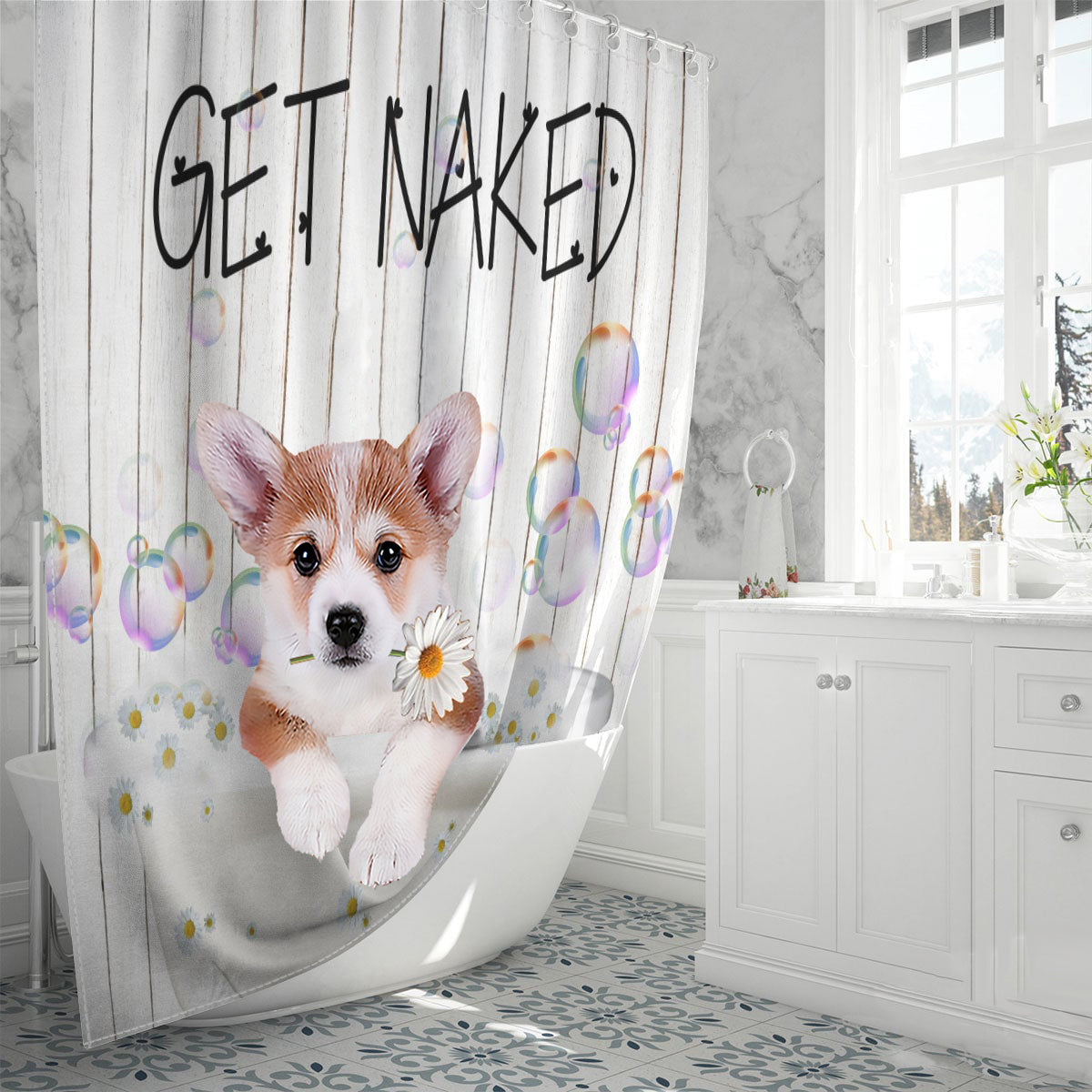 Corgi Get Naked Daisy Shower Curtain