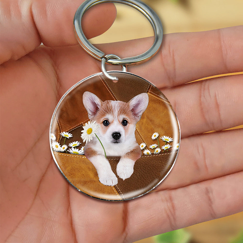 Corgi Holding Daisy-Round Resin Epoxy Metal Keychain