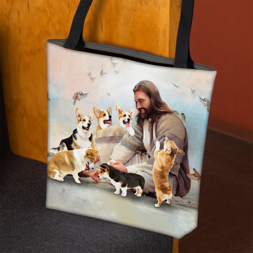 Jesus Surrounded By Corgis Tote Bag