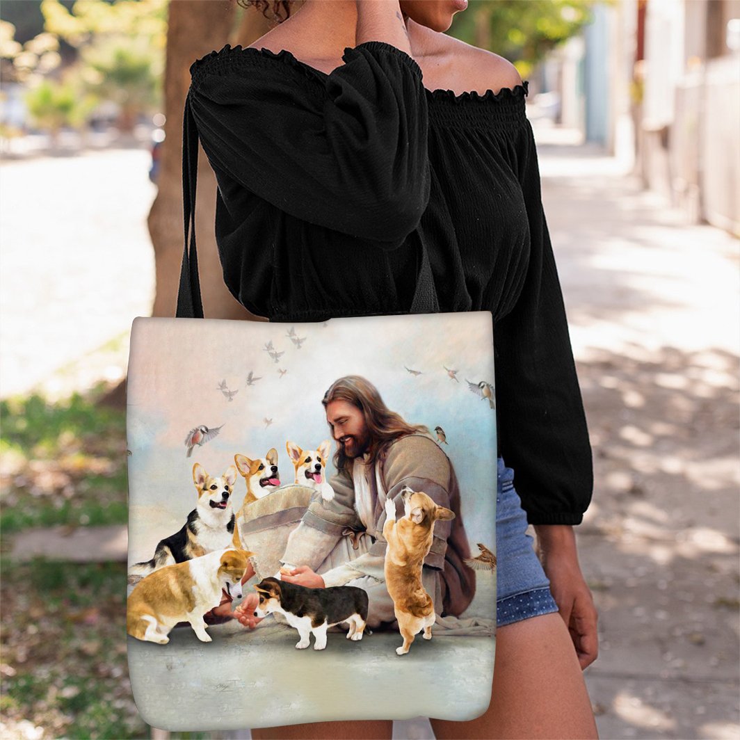 Jesus Surrounded By Corgis Tote Bag