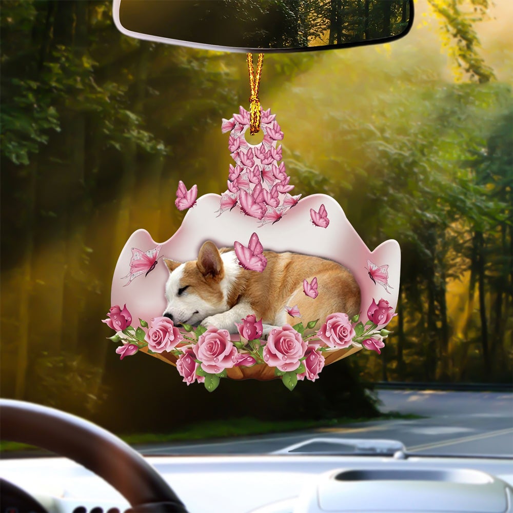 Corgi 2 Sleeping In Rose Garden Car Hanging Ornament