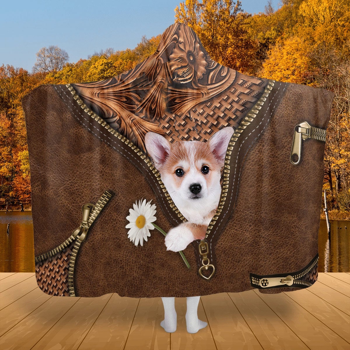Corgi Holding Daisy Hooded Blanket