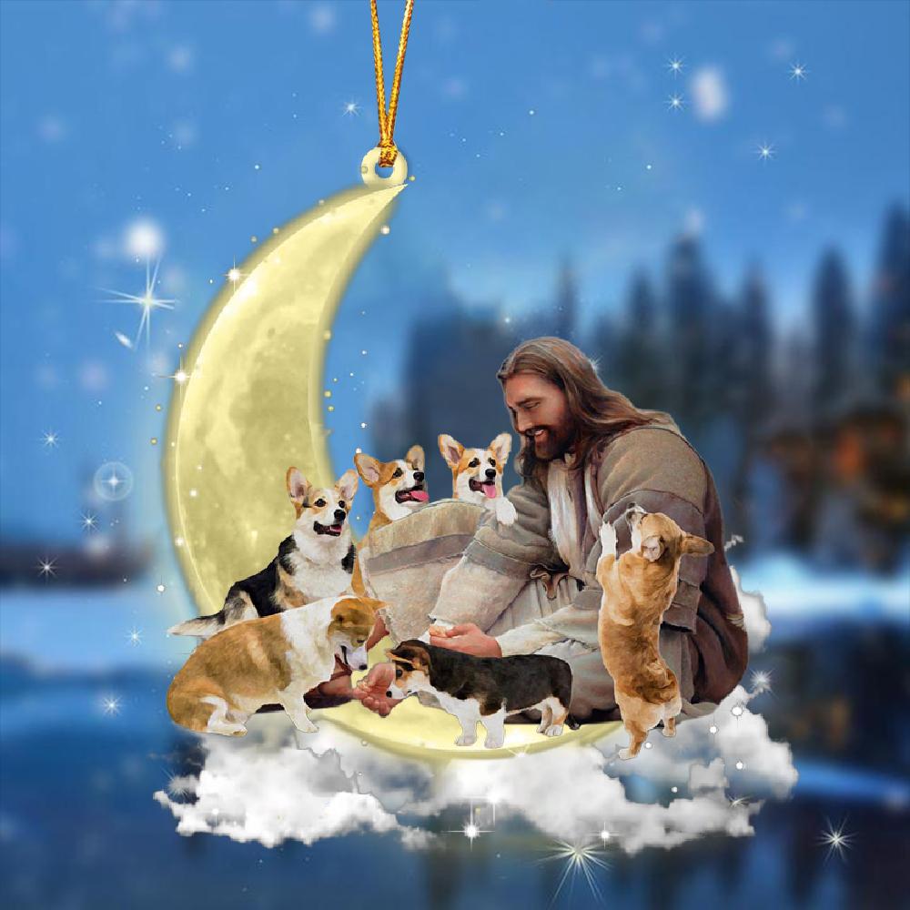 Jesus Surrounded By Corgis On The Moon Ornament