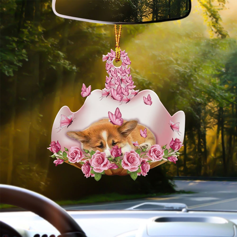 Corgi Sleeping In Rose Garden Car Hanging Ornament