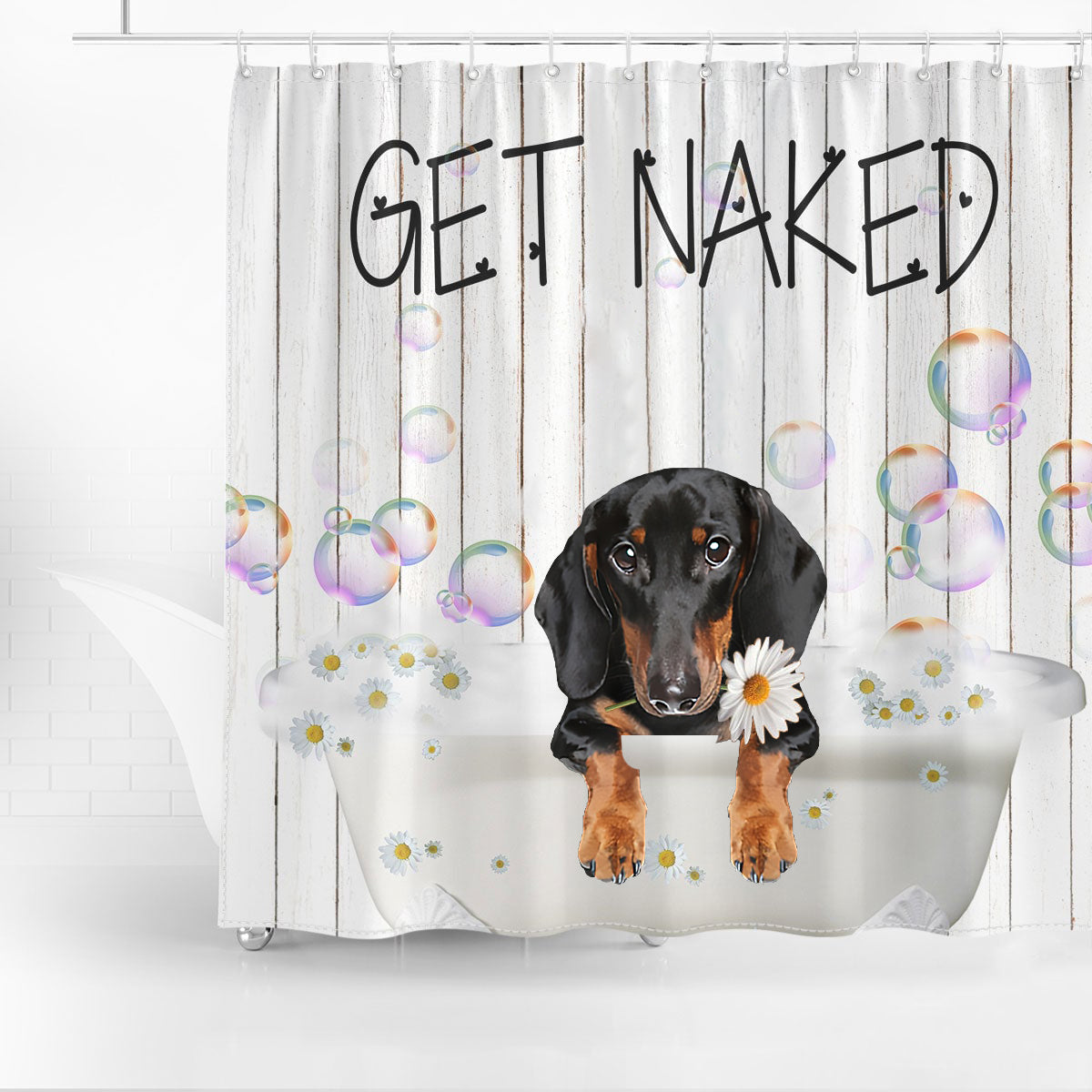 Dachshund Get Naked Daisy Shower Curtain