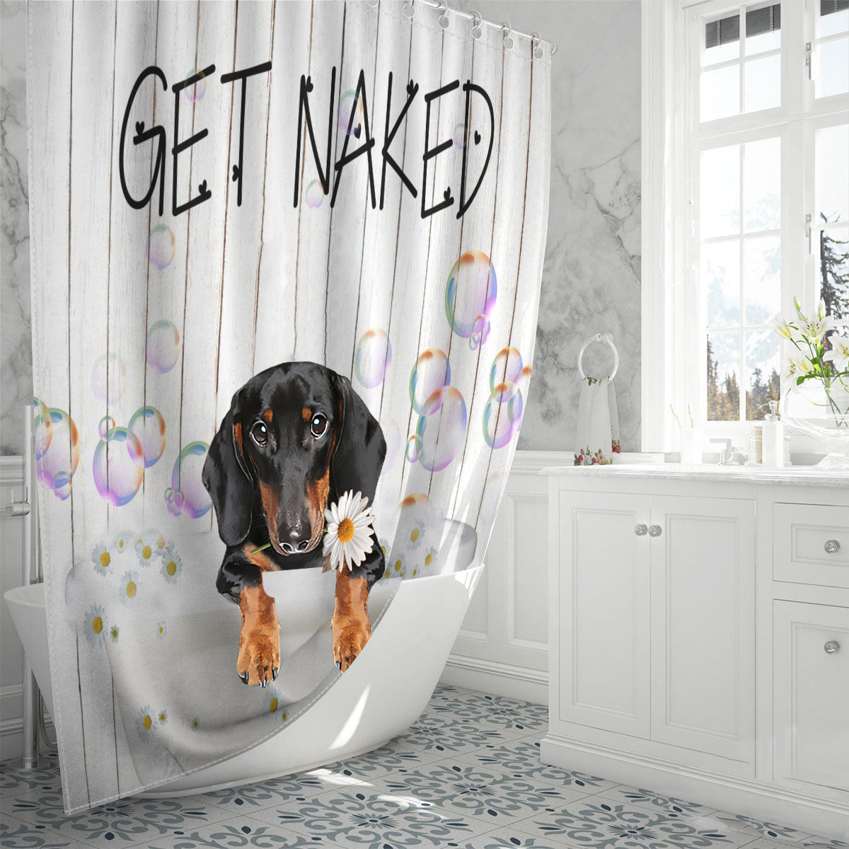 Dachshund Get Naked Daisy Shower Curtain