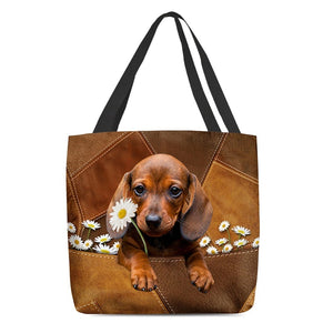 Dachshund Holding Daisy  All Over Printed Tote Bag