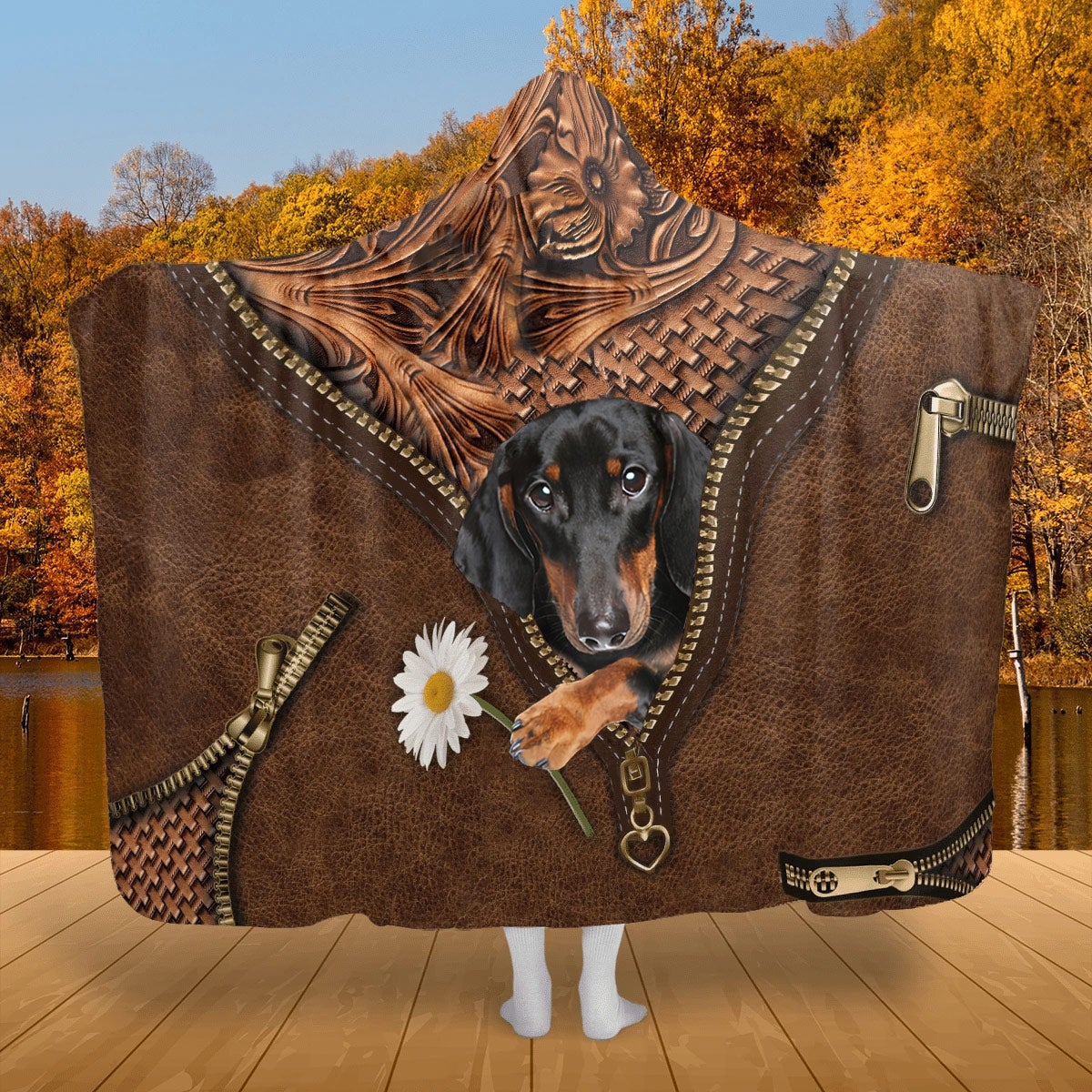 Dachshund 2 Holding Daisy Hooded Blanket