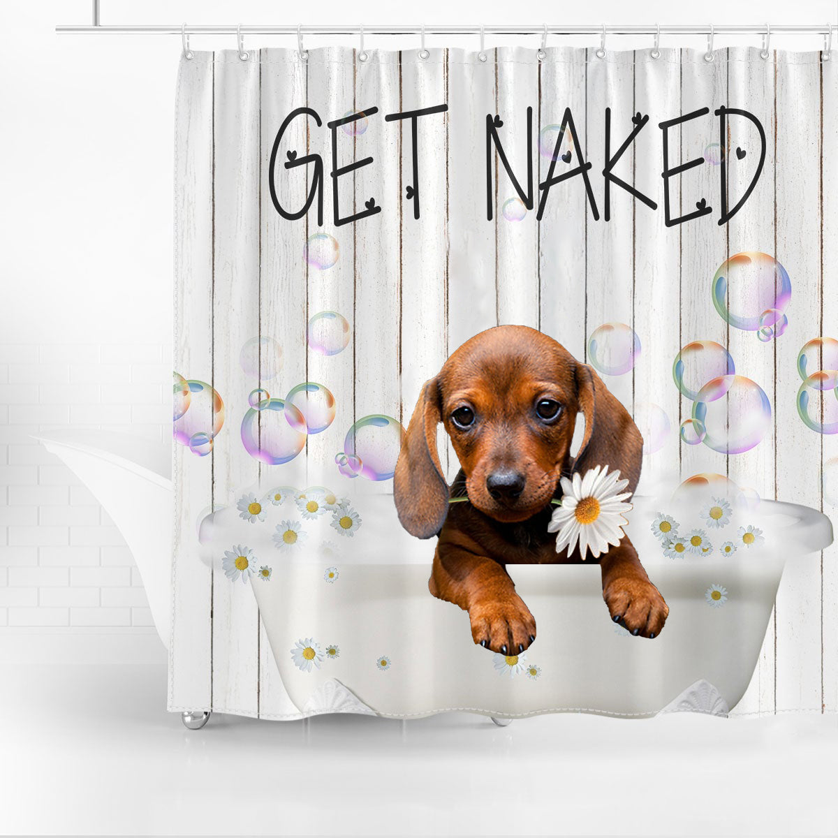 Dachshund 2 Get Naked Daisy Shower Curtain