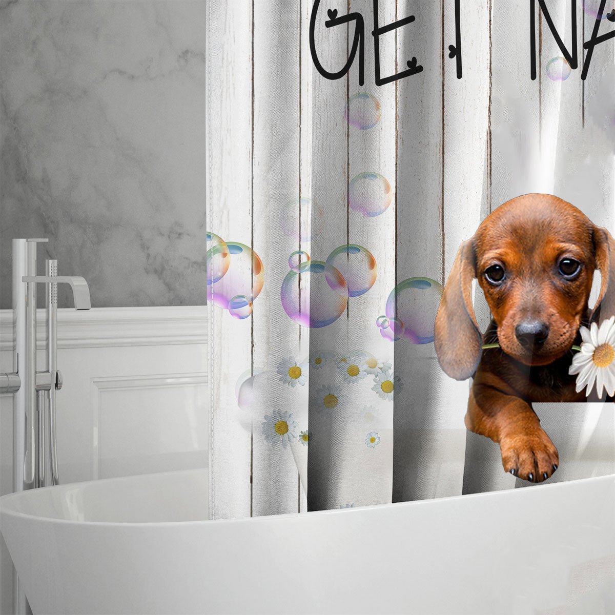 Dachshund 2 Get Naked Daisy Shower Curtain