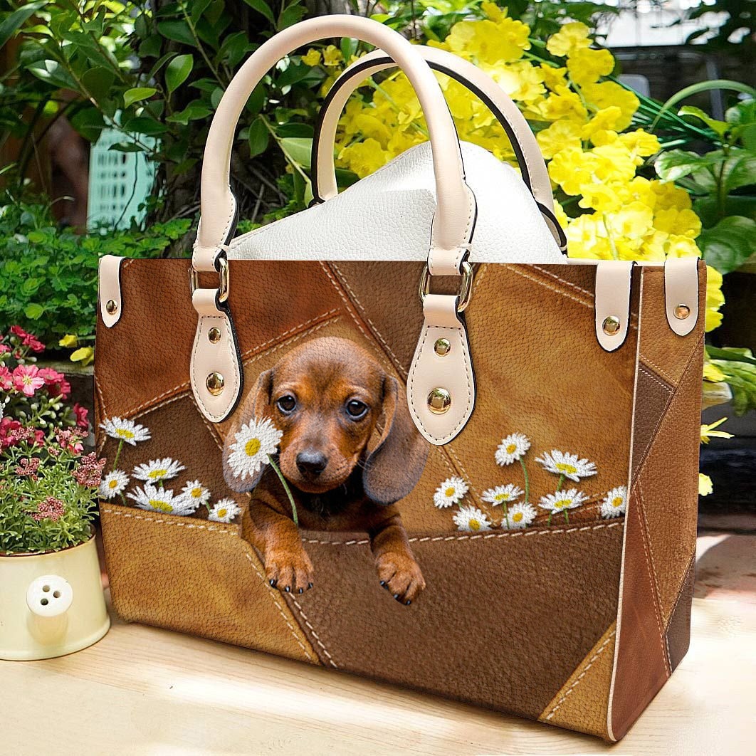 Dachshund 2 Holding Daisy Leather Bag