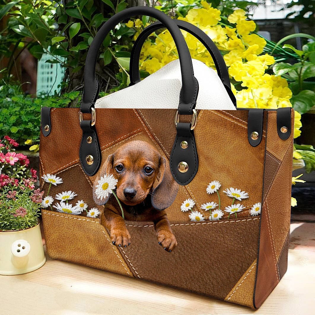 Dachshund 2 Holding Daisy Leather Bag