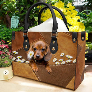 Dachshund 2 Holding Daisy Leather Bag