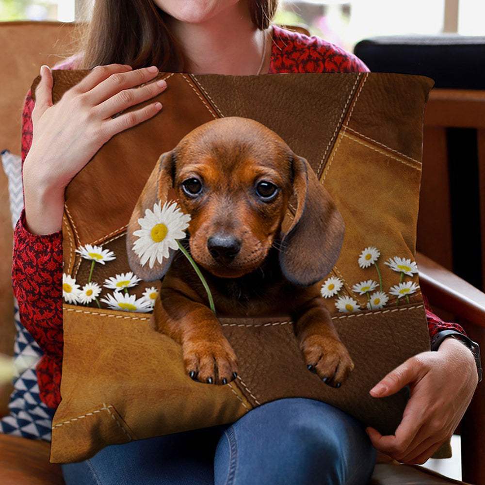 Dachshund Holding Daisy Pillow Case